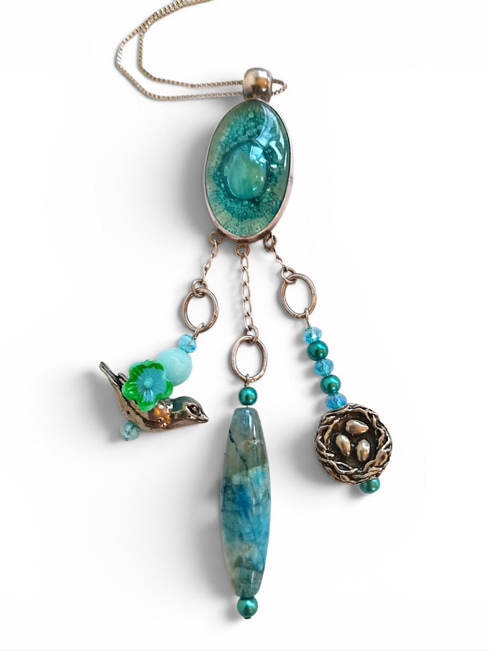 Artisan Aqua bubble glass pendant with nesting bird blue gemstones 925 sterling